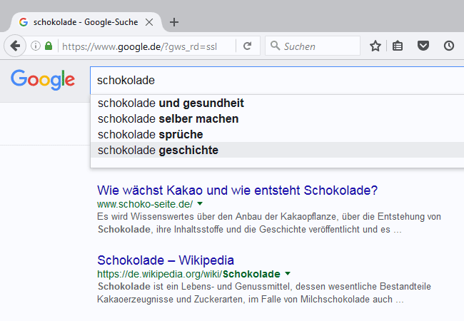 Screenshot SERP: Google Suchergebnisse zu Schokolade.